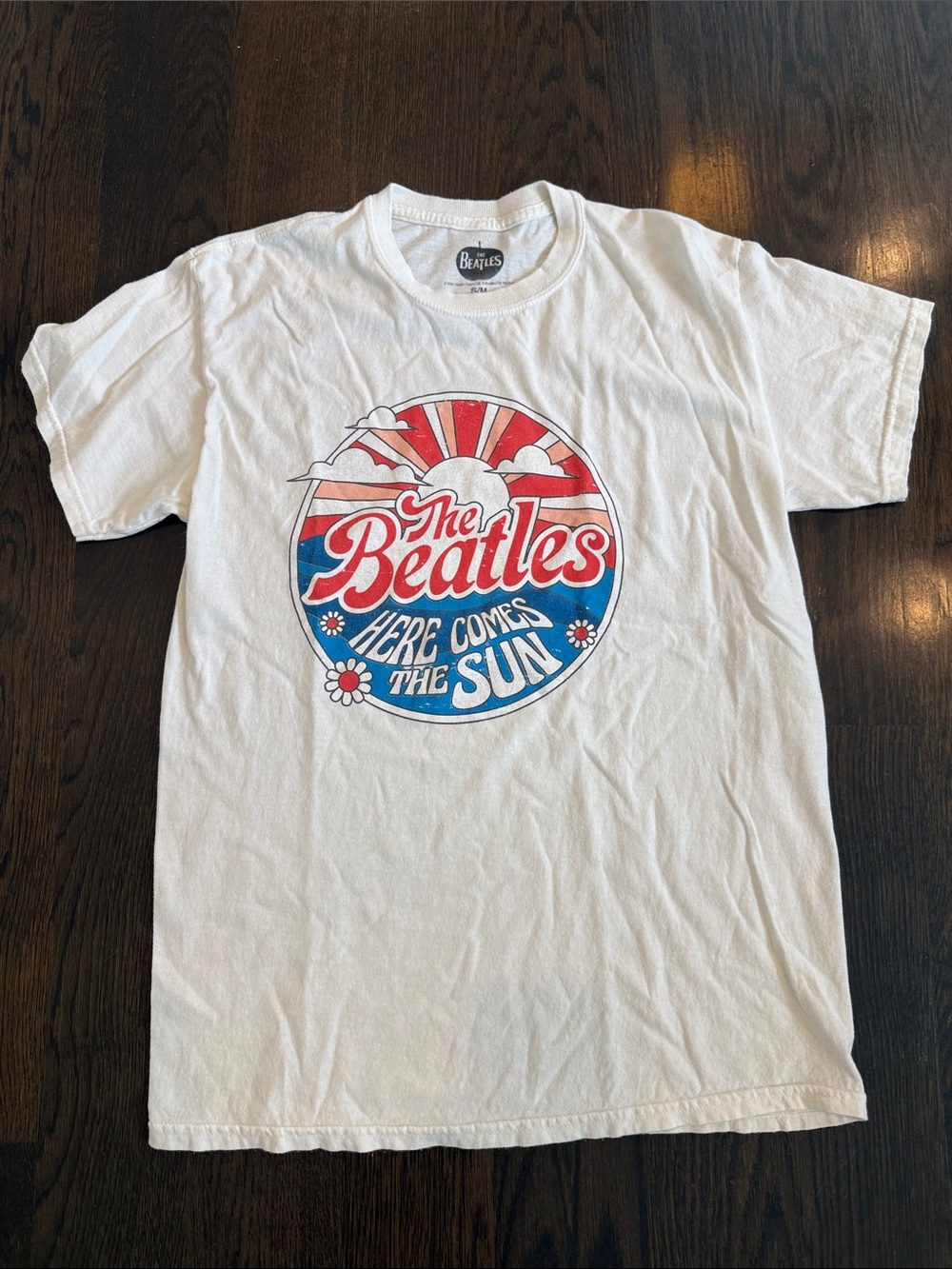 The Beatles White Tee with Red & Blue 'Here Comes The Sun' Graphic
